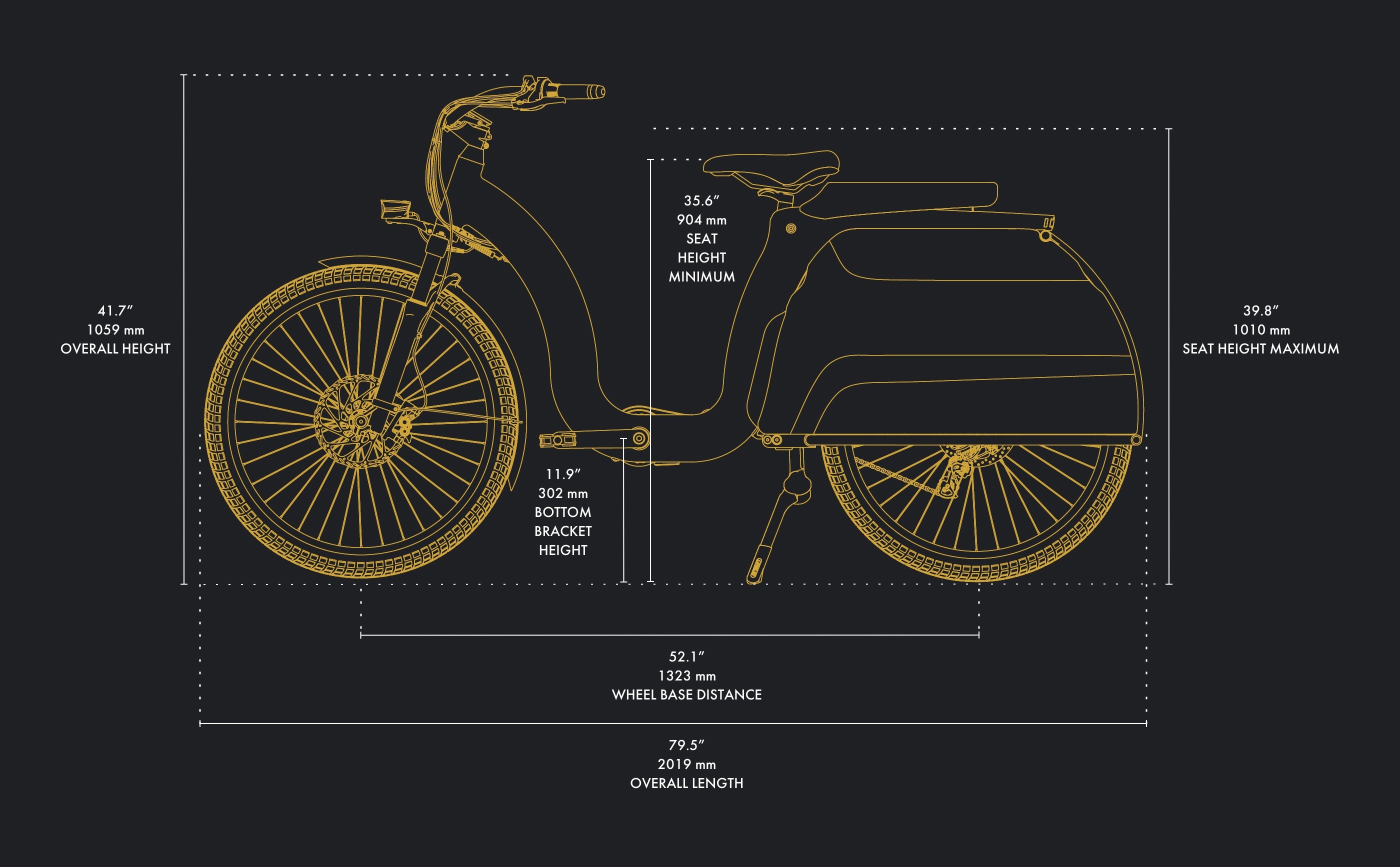 Side dimension diagram: 41.7” / 1059 mm OVERALL HEIGHT, 11.9” / 302 mm BOTTOM BRACKET HEIGHT, 35.6” / 904 mm SEAT HEIGHT MINIMUM, 79.5” / 2019 mm OVERALL LENGTH, 52.1” / 1323 mm WHEEL BASE DISTANCE, 39.8” / 1010 mm SEAT HEIGHT MAXIMUM.