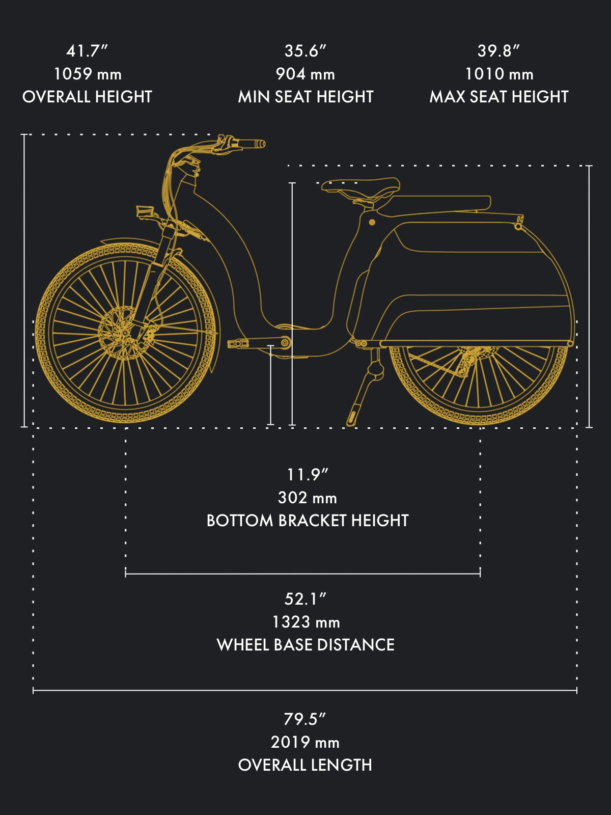 Side dimension diagram: 41.7” / 1059 mm OVERALL HEIGHT, 11.9” / 302 mm BOTTOM BRACKET HEIGHT, 35.6” / 904 mm SEAT HEIGHT MINIMUM, 79.5” / 2019 mm OVERALL LENGTH, 52.1” / 1323 mm WHEEL BASE DISTANCE, 39.8” / 1010 mm SEAT HEIGHT MAXIMUM.