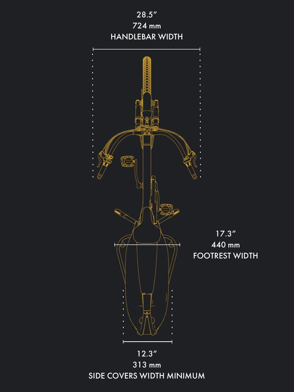 Civ top dimensions: 28.5” / 724 mm HANDLEBAR WIDTH, 12.3” / 313 mm SIDE COVERS WIDTH MINIMUM, 17.3” / 440 mm FOOTREST WIDTH.